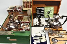 A BOX OF ASSORTED CUTLERY AND WHITE METAL WARE, to include a cased Walker & Hall set of two