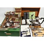 A BOX OF ASSORTED CUTLERY AND WHITE METAL WARE, to include a cased Walker & Hall set of two