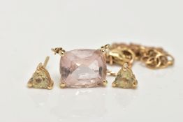 A YELLOW METAL GEMSET NECKLACE AND EARRINGS, a cushion cut light pink morganite, in a four prong