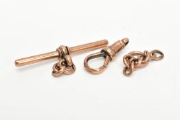 A COLLECTION OF 9CT GOLD FITTINGS, to include a rose gold T-bar part hallmarked, a 9ct gold dog clip