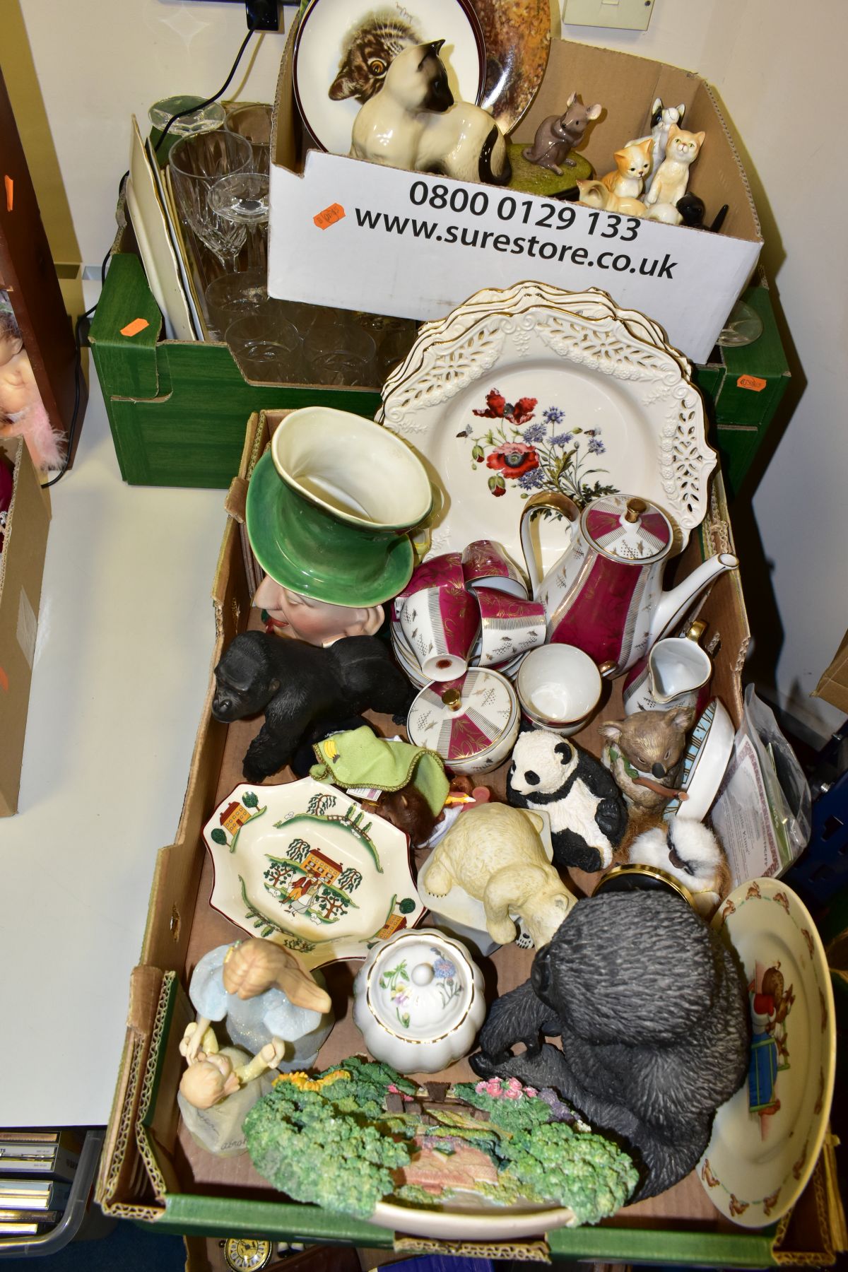 THREE BOXES OF CERAMICS, GLASSWARES AND OTHER DECORATIVE ITEMS, to include a Beswick Micawber