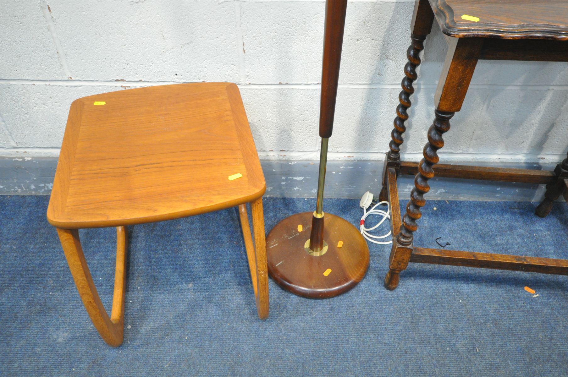 A LATE 20TH CENTURY OAK BARLEY TWIST OCCASIONAL TABLE, a Nathan teak occasional table, a wood and - Image 2 of 2