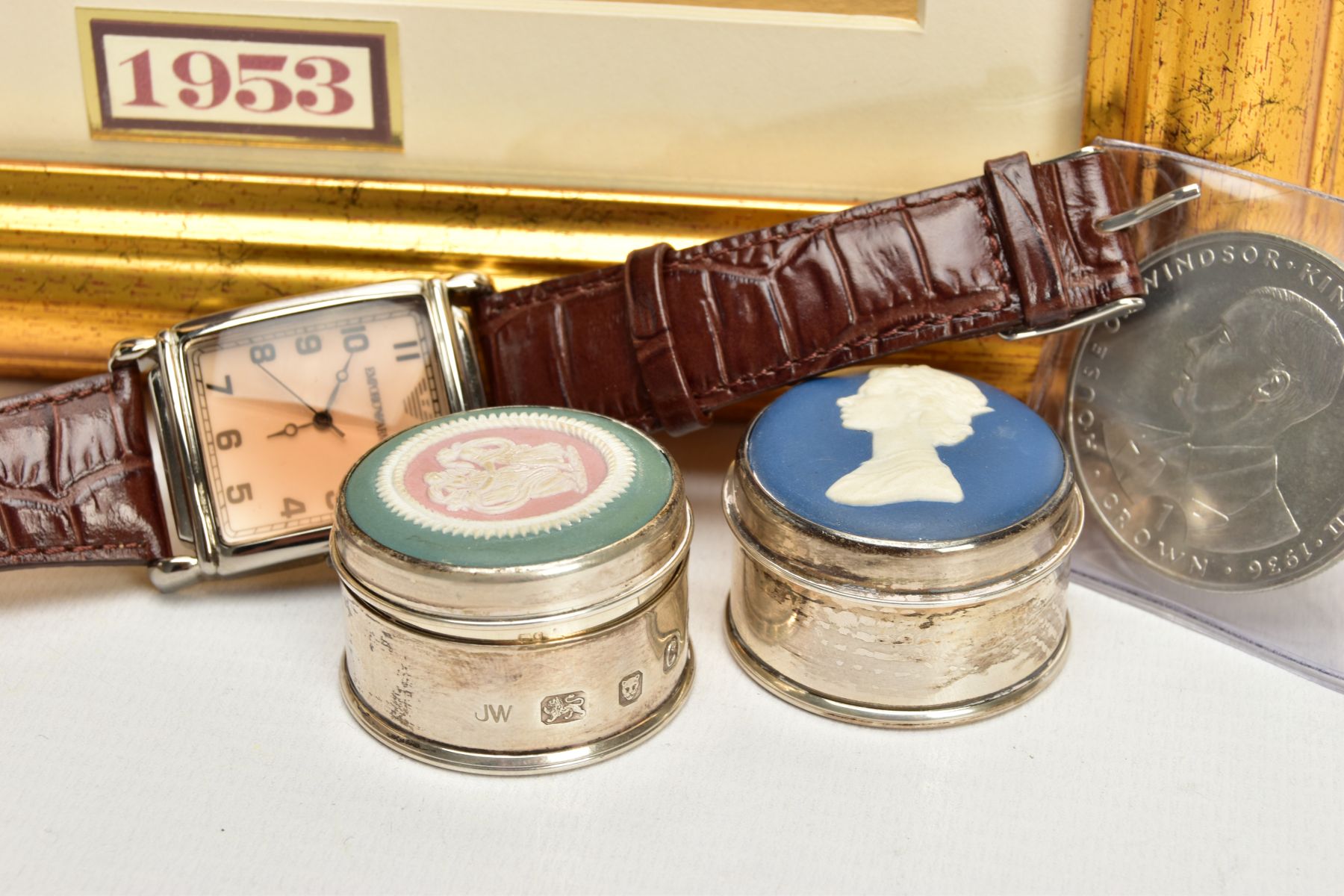 A FRAMED 1953 COIN SET, WRISTWATCH AND TWO TRINKETS, the framed set of a coins to include a - Image 2 of 5