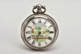 A PAIR CASED 'FARMERS VERGE' OPEN FACE POCKET WATCH, round white ceramic dial hand painted with a