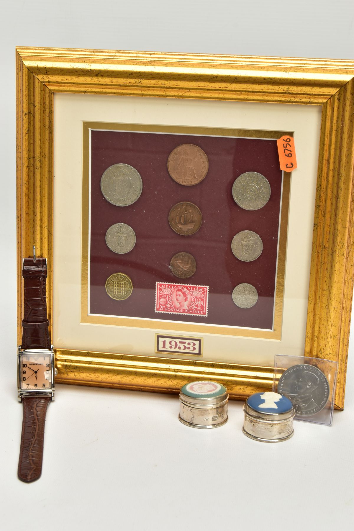 A FRAMED 1953 COIN SET, WRISTWATCH AND TWO TRINKETS, the framed set of a coins to include a