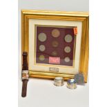 A FRAMED 1953 COIN SET, WRISTWATCH AND TWO TRINKETS, the framed set of a coins to include a