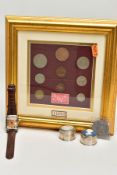 A FRAMED 1953 COIN SET, WRISTWATCH AND TWO TRINKETS, the framed set of a coins to include a