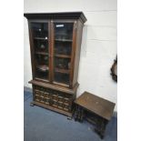 AN OAK DISPLAY CABINET, with double panelled cupboard doors, width 102cm x depth 41cm x height