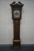 AN OAK EIGHT DAY LONGCASE CLOCK, Whitehurst of Derby, the hood and trunk with carved foliate