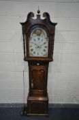 A GEORGE III OAK AND MAHOGANY EIGHT DAY LONGCASE CLOCK, the hood with swan neck pediment and central