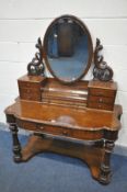 A VICTORIAN WALNUT DUCHESS DRESSING TABLE, with a single oval mirror, an arrangement of eight