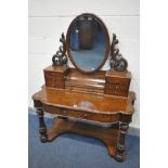 A VICTORIAN WALNUT DUCHESS DRESSING TABLE, with a single oval mirror, an arrangement of eight