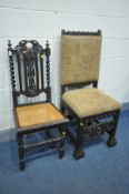A 19TH CENTURY CARVED OAK HALL CHAIR, along with a carved oak hall chair with a bergère seat (2)