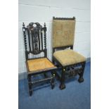 A 19TH CENTURY CARVED OAK HALL CHAIR, along with a carved oak hall chair with a bergère seat (2)