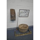 AN ANTIQUE ELM WALL UNIT, along with an oval wicker log basket, brass extending fender, copper