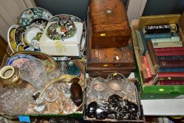 FOUR BOXES AND LOOSE CERAMICS, GLASSWARE, TIN TRUNK, BOOKS, WATERCOLOURS, PRINTS, ETC, including