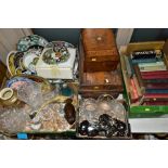 FOUR BOXES AND LOOSE CERAMICS, GLASSWARE, TIN TRUNK, BOOKS, WATERCOLOURS, PRINTS, ETC, including