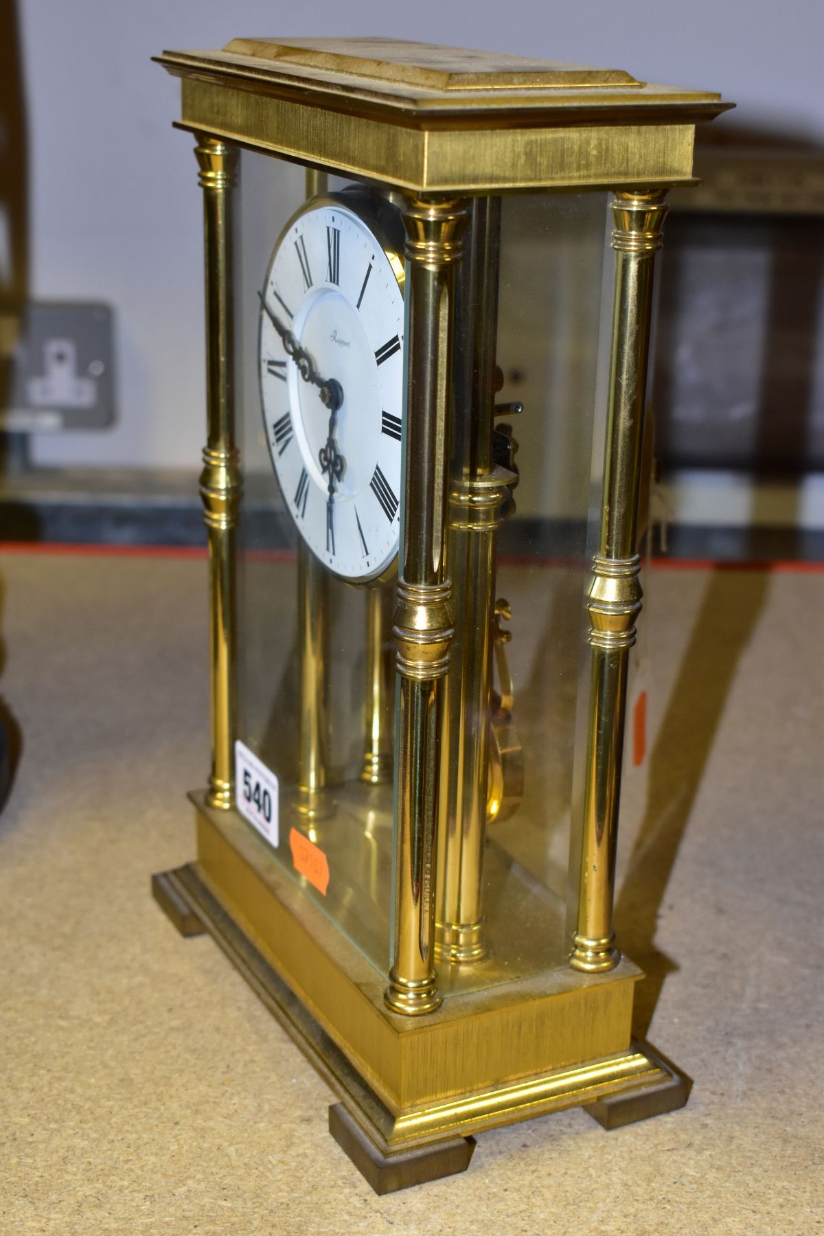 A MECHANICAL RAPPORT CHIMING MANTLE CLOCK, the white dial has Roman numeral hour markers, the case - Image 2 of 5