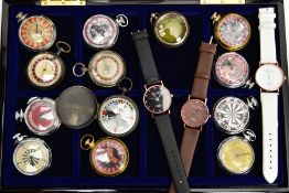 A DISPLAY CASE FILLED WITH NOVELTY POCKET WATCHES A COMPASS AND THREE WRISTWATCHES, to include
