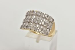 A 9CT GOLD FIVE ROW DIAMOND RING, forty five round brilliant cut diamonds prong set in white gold,