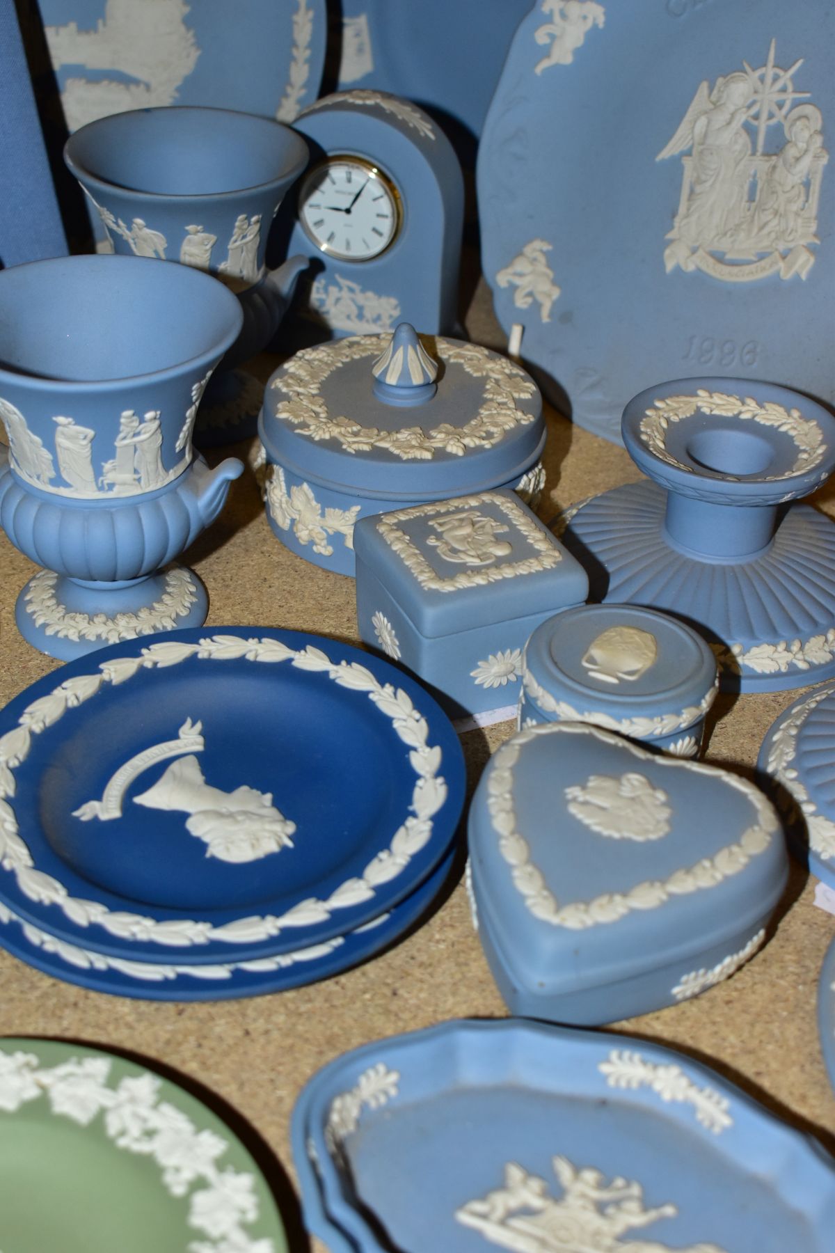 A GROUP OF WEDGWOOD JASPERWARE, mainly pale blue including bud vases, small urn shaped vases, a - Image 4 of 6