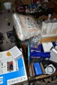 FOUR BOXES AND LOOSE HOUSEHOLD SUNDRIES, CHRISTMAS DECORATIONS, TECHNOLOGY ITEMS, ETC, including a