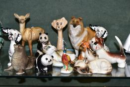 THIRTEEN CERAMIC ANIMAL AND BIRD FIGURES, to include two Beswick Puppit Dogs 1002, other Beswick