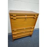 A MID CENTURY DANISH STYLE WALNUT FALL FRONT BUREAU, with a single drawer, above the fall front