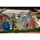 FIVE BOXES AND LOOSE GLASSWARE AND CERAMICS, ETC, including assorted pressed glass bowls, dressing