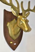 TWO BOXES AND LOOSE METALWARES AND GLASS, to include a large brass stag's head with five point