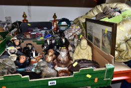 THREE BOXES AND LOOSE CERAMICS, TREEN, NOVELTY WARE AND SUNDRIES, to include a Beswick smoking