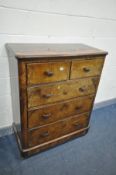 A VICTORIAN BURR WALNUT CHEST OF TWO SHORT OVER THREE LONG DRAWERS, with later Bakelite handles,