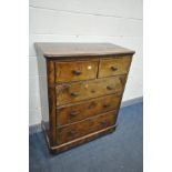 A VICTORIAN BURR WALNUT CHEST OF TWO SHORT OVER THREE LONG DRAWERS, with later Bakelite handles,