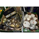 TWO BOXES OF ASSORTED WHITE METAL WARE AND A TWENTY ONE PIECE SYLVAN NURSERY WARE TEA SET, the tea