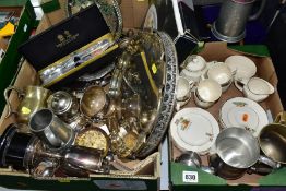 TWO BOXES OF ASSORTED WHITE METAL WARE AND A TWENTY ONE PIECE SYLVAN NURSERY WARE TEA SET, the tea