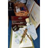A WICKER HAMPER AND LOOSE TOOLS, PICTURES, BRIEFCASE AND SUNDRY ITEMS to include a vintage Britool