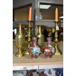 A PAIR OF 20TH CENTURY CLOISONNE VASES AND FOUR ITEMS OF BRASSWARE, the cloisonne vases, with floral