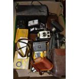 A BOX OF VINTAGE PHOTOGRAPHIC EQUIPMENT, to include a boxed VP Twin camera with instruction leaflet,