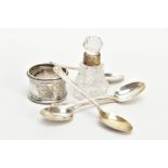 A SELECTION OF SILVER ITEMS, to include four silver teaspoons, detailing a scrolled foliage