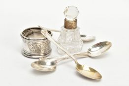 A SELECTION OF SILVER ITEMS, to include four silver teaspoons, detailing a scrolled foliage