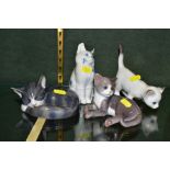 FOUR ROYAL COPENHAGEN CAT FIGURES, to include 422 sleeping tabby cat, 514 recumbent cat, 507