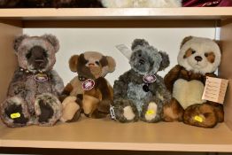 FOUR CHARLIE BEARS TEDDY BEARS, comprising 'Amy' a fully jointed bear covered in a mottled plush