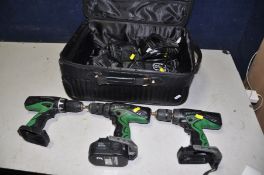THREE HITACHI DRILL/DRIVERS DV18DVC2 with two batteries and three chargers (all PAT pass and