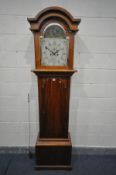 A MAHOGANY LONGCASE CLOCK, the painted 11 inch dial with bird to arch, Arabic numerals, signed