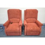 A PAIR OF RED UPHOLSTERED ELECTRIC RISE AND RECLINE ARMCHAIRS (PAT pass and working)