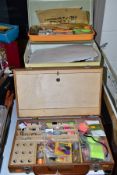 THREE CASES OF ASSORTED FLY TYING EQUIPMENT AND MATERIALS, two wooden cases and a plastic case,