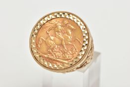 A MOUNTED FULL SOVEREIGN RING, full sovereign dated 1912, within a diamond cut pattern surround,