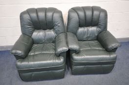 A PAIR OF GREEN MANUAL RECLINER ARMCHAIRS, (condition - surface marks and cracks)