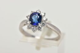 A SAPPHIRE AND DIAMOND CLUSTER RING, centring on a four claw set, oval cut blue sapphire, within a