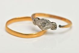 A 22CT GOLD BAND RING AND YELLOW METAL DIAMOND RING, an AF courted band, approximate width 2.5mm,